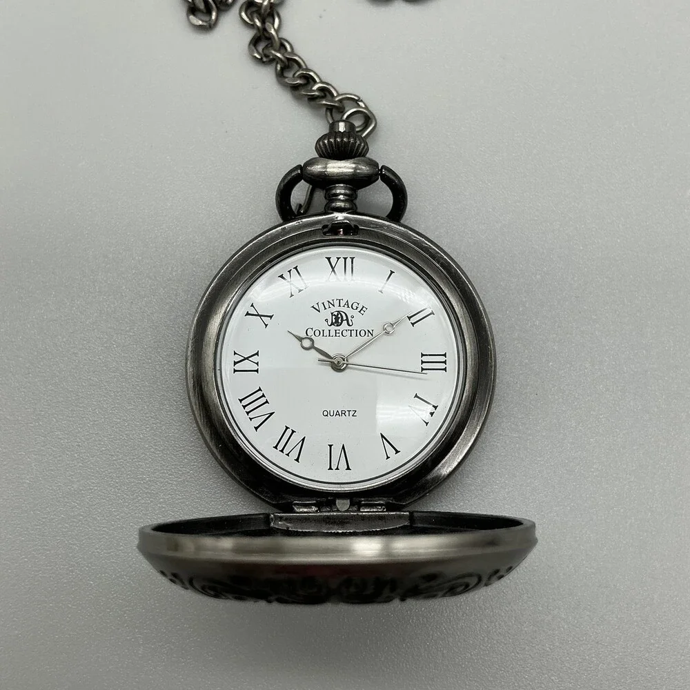 Vintage Collection Pocket Watch Men 46mm Silver Tone Utah 1896 Chain New Battery